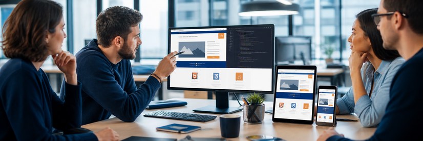 Webentwicklungsteam prüft eine responsive Anwendung mit JavaScript, HTML und CSS