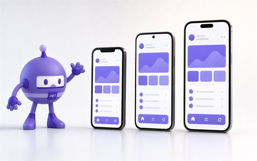 Kursbild .NET MAUI mit Smartphones und .NET Maskottchen