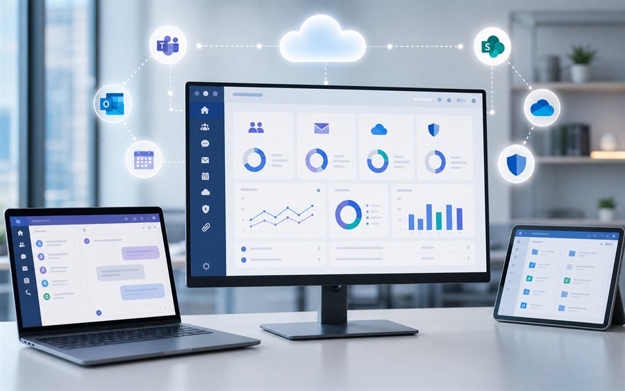 Microsoft 365 Administrationsarbeitsplatz mit Teams, Exchange Online, SharePoint, OneDrive und Sicherheitsdashboard