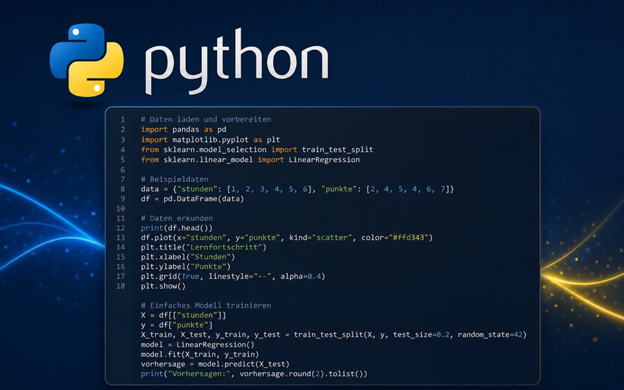 Python Kursgrafik mit großem Python-Logo und dunklem Codebereich ohne Navigationsleiste