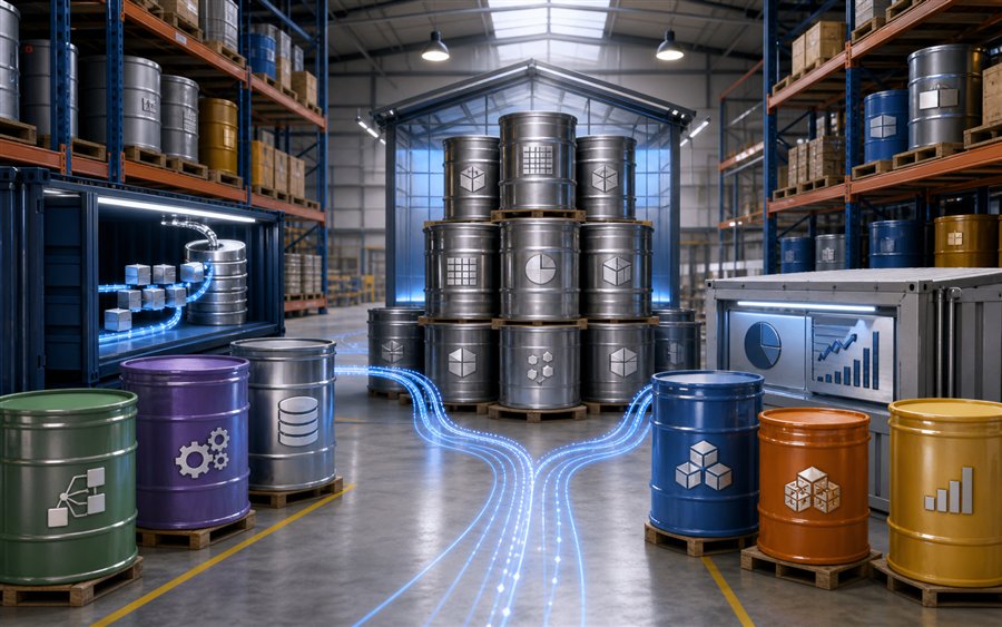 Lagerhaus mit SQL-Datentonnen als Metapher für Data Warehouse, ETL, Analyse und Reporting